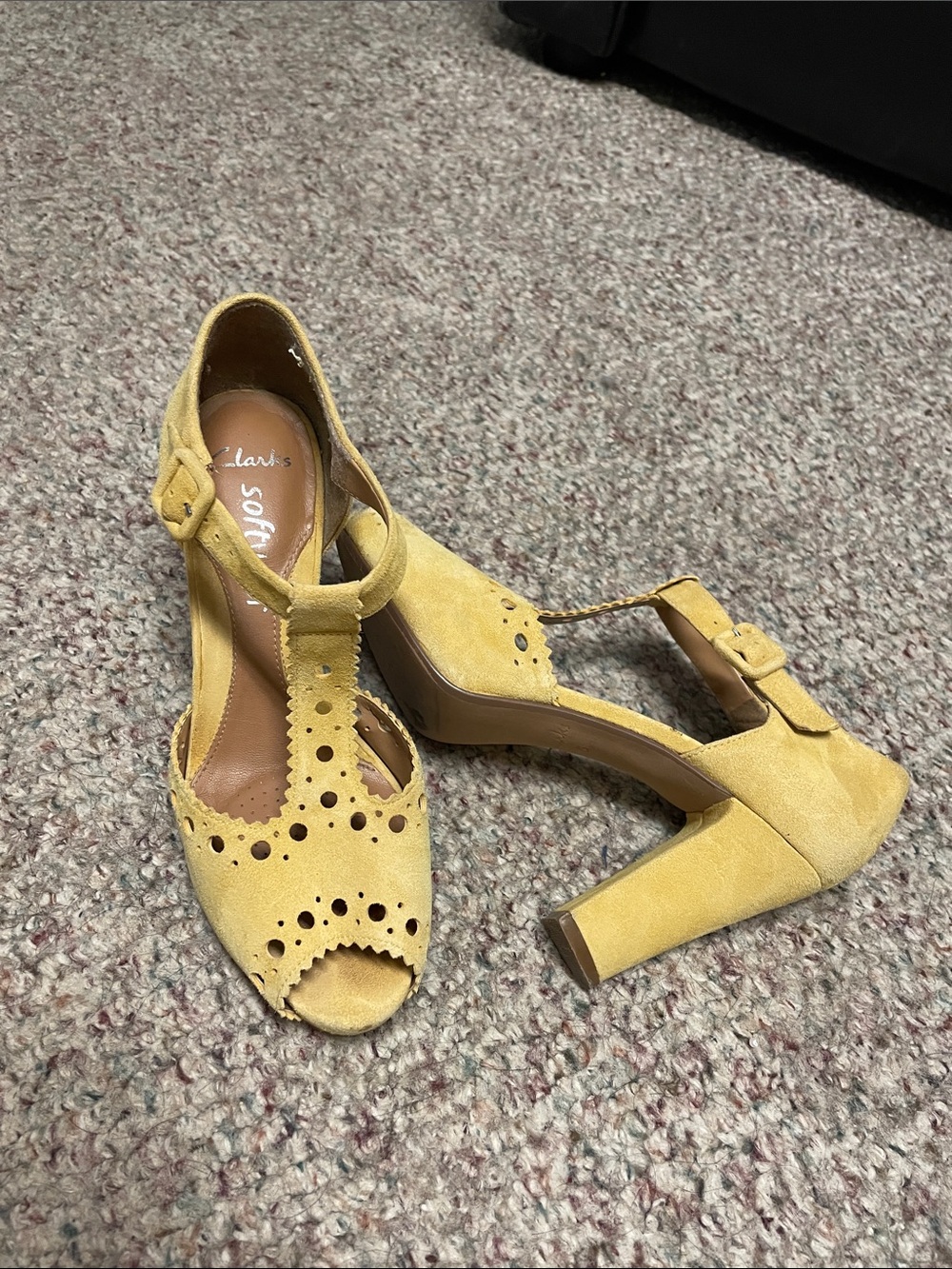 Clarks Yellow Suede T-Strap Block Heel Sandals